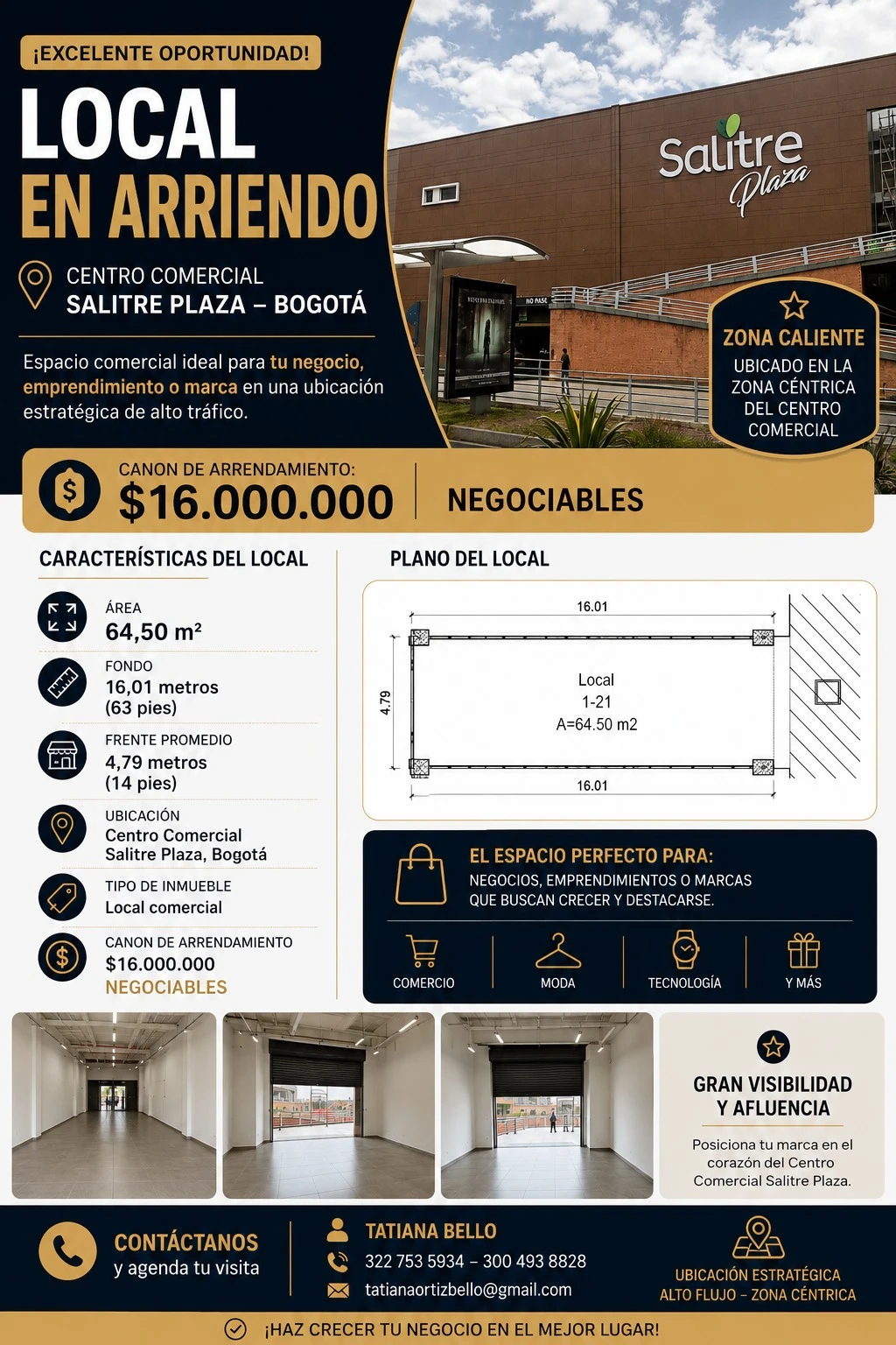 LOCAL COMERCIAL EN ARRIENDO – SALITRE PLAZA, BOGOTÁ